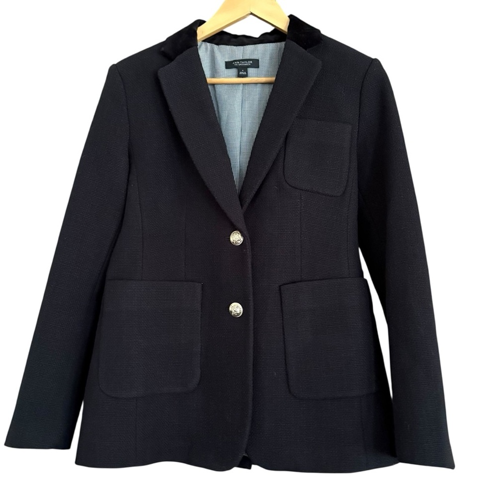 Ann Taylor "The Greenwich" Blazer with Velvet Trim Black Quiet Luxury Sz 4